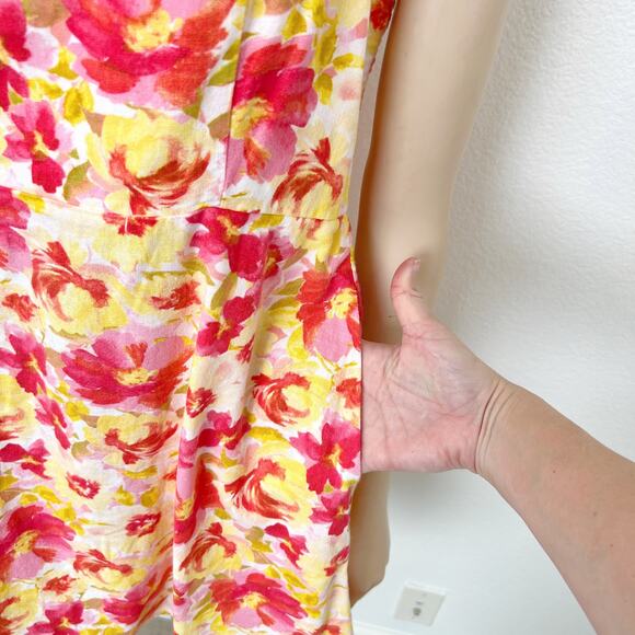 [Old Navy] Pink Floral Print Linen Blend Square Neck Mini Dress Smocked Sz Large - Picture 6 of 12